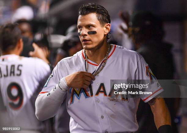 Derek Dietrich of the Miami Marlins in action during the game against the Arizona Diamondbacks at Marlins Park on June 25, 2018 in Miami, Florida.