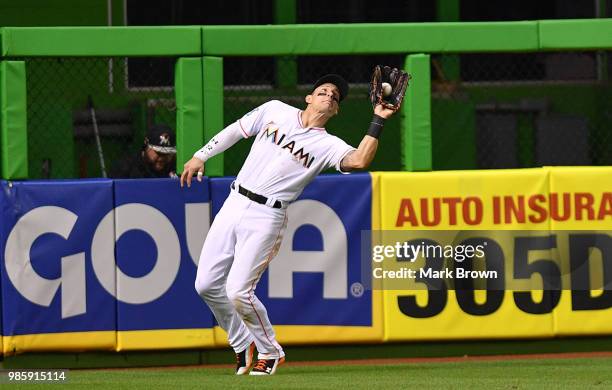 Derek Dietrich of the Miami Marlins in action during the game against the Arizona Diamondbacks at Marlins Park on June 25, 2018 in Miami, Florida.