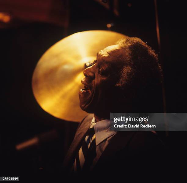 American jazz drummer Art Blakey performs on stage during the recording of the Channel 4 music television show '4 Up, 2 Down' at Newcastle Playhouse...