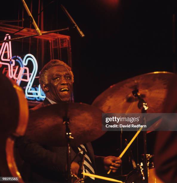 American jazz drummer Art Blakey performs on stage during the recording of the Channel 4 music television show '4 Up, 2 Down' at Newcastle Playhouse...