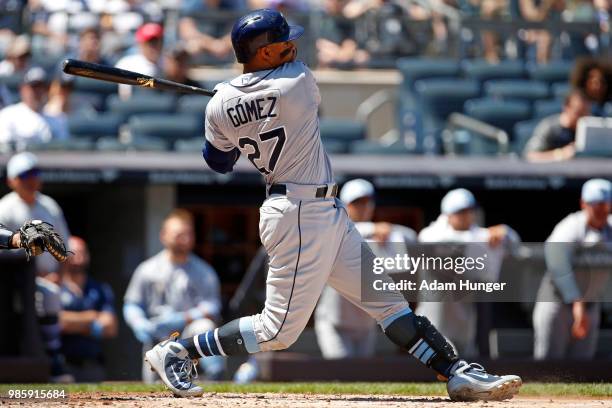 Carlos Gomez of the Tampa Bay Rays at bat against the New York Yankees during the second inning at Yankee Stadium on June 17, 2018 in the Bronx...