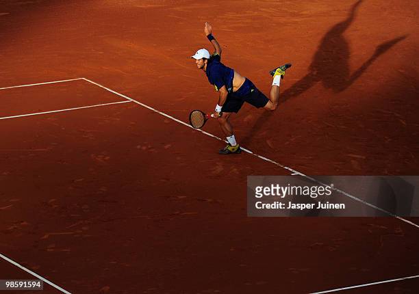 Fernando Verdasco of Spain serves the ball to Richard Gasquet of France on day three of the ATP 500 World Tour Barcelona Open Banco Sabadell 2010...