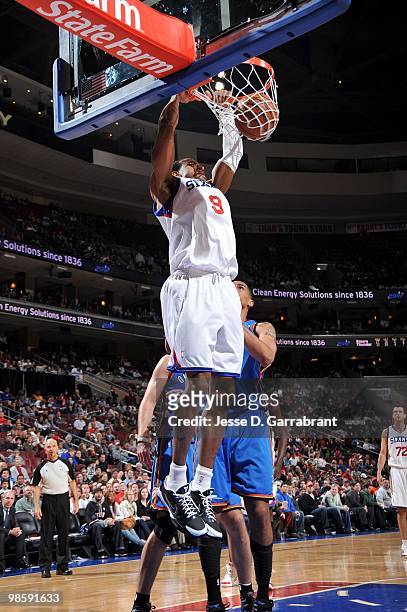 Andre Iguodala of the Philadelphia 76ers goes up for the slam dunk against the Oklahoma City Thunder during the game at Wachovia Center on March 30,...