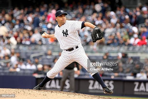 Alfredo Aceves of The New York Yankees in action against the Texas Rangers during their game on April 17, 2010 at Yankee Stadium in the Bronx Borough...