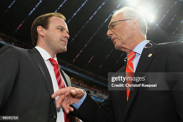 Manager Christian Nerlinger and Franz Beckenbauer of Bayern Munich chat during the UEFA Champions League semi final first leg match between FC Bayern...