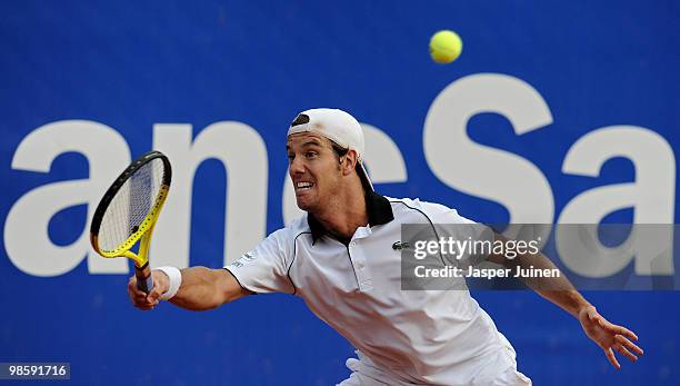 Richard Gasquet of France plays a forehand to Fernando Verdasco of Spain on day three of the ATP 500 World Tour Barcelona Open Banco Sabadell 2010...