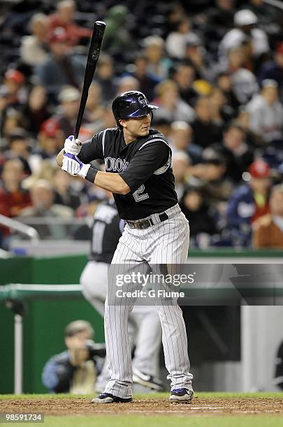 Troy Tulowitzki of the Colorado Rockies bats against the Washington Nationals April 19, 2010 at Nationals Park in Washington, DC.