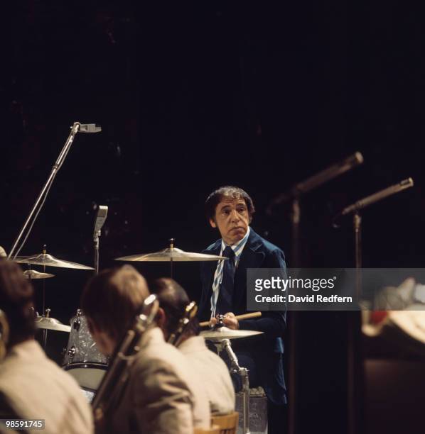 American jazz drummer Buddy Rich performs live on set playing his drum kit during the recording of the BBC television series 'Sounds For Saturday' at...