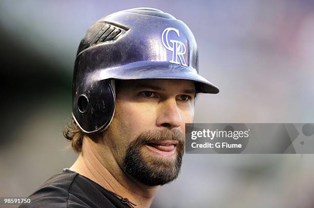 Todd Helton of the Colorado Rockies watches the game against the Washington Nationals April 19, 2010 at Nationals Park in Washington, DC.