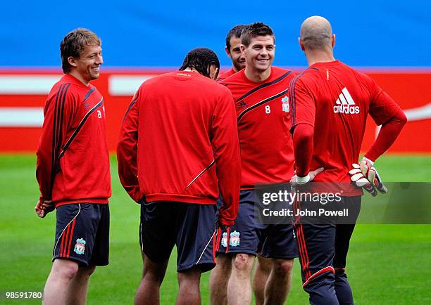 Steven Gerrard, Glen Johnson, Pepe Reina and Lucas Leiva of Liverpool attend a training session ahead of the UEFA Europa League semi-final first leg...