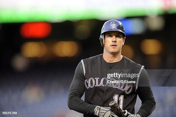 Brad Hawpe of the Colorado Rockies walks towards the dugout during the game against the Washington Nationals April 19, 2010 at Nationals Park in...