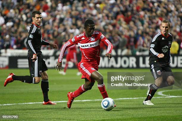 Patrick Nyarko of the Chicago Fire dribbles with the ball against D.C. United at RFK Stadium on April 17, 2010 in Washington, DC. The Fire won 2-0.