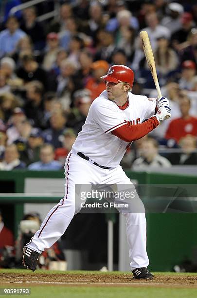 Adam Dunn of the Washington Nationals bats against the Colorado Rockies April 19, 2010 at Nationals Park in Washington, DC.