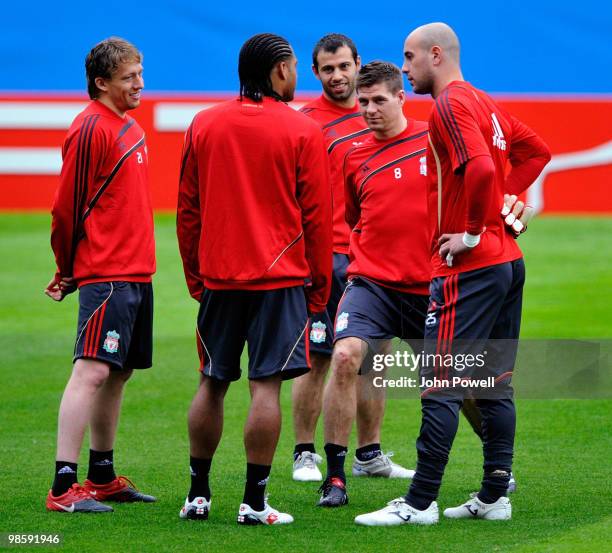 Steven Gerrard, Glen Johnson, Pepe Reina and Lucas Leiva of Liverpool attend a training session ahead of the UEFA Europa League semi-final first leg...