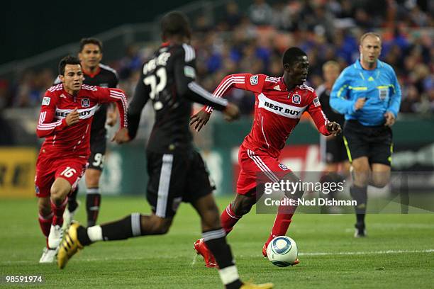 Patrick Nyarko of Chicago Fire dribbles against Rodney Wallace of D.C. United at RFK Stadium on April 17, 2010 in Washington, DC. The Fire won 2-0.