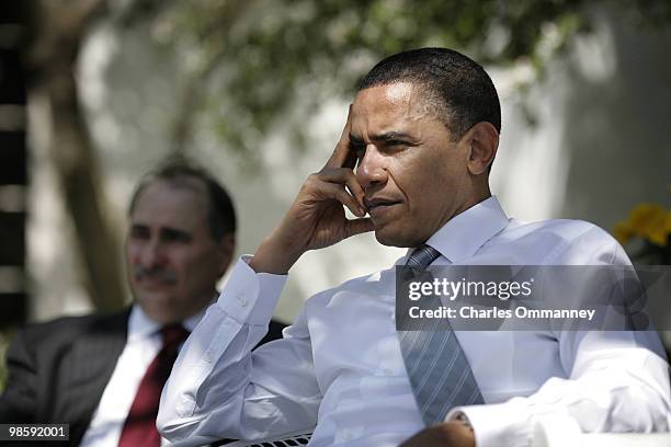 President Barack Obama behind the scenes at the White House in Washington, DC, on April 6, 2010. Here President Obama meets with his senior advisors...