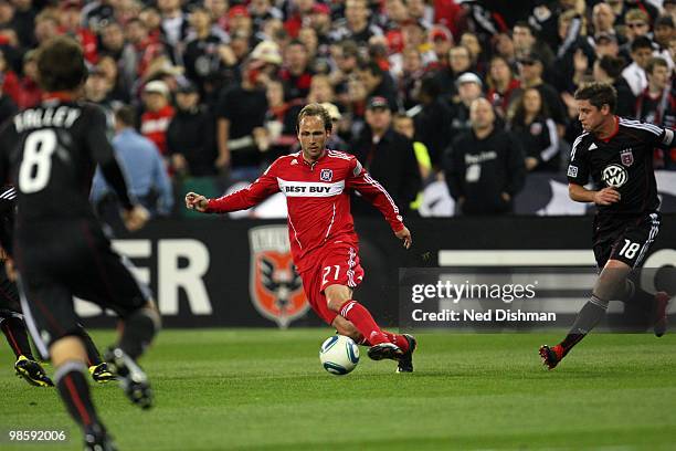 Justin Mapp of the Chicago Fire dribbles the ball against D.C. United at RFK Stadium on April 17, 2010 in Washington, DC. The Fire won 2-0.