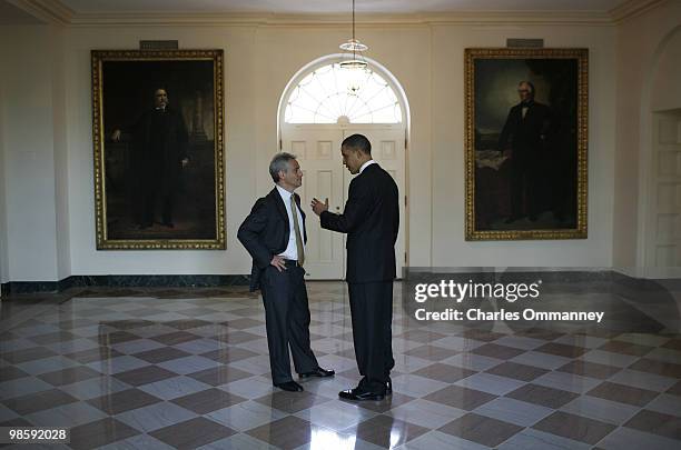 President Barack Obama behind the scenes at the White House in Washington, DC, on April 6, 2010. The President talks with his White House Chief of...