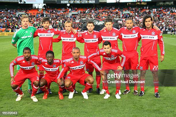 The first team of Chicago Fire pose for a photo against D.C. United at RFK Stadium on April 17, 2010 in Washington, DC. The Fire won 2-0. Front, L-R:...