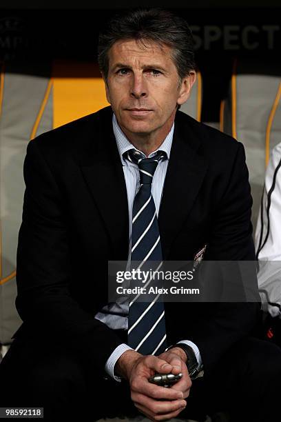 Head coach Claude Puel of Lyon looks on during the UEFA Champions League semi final first leg match between FC Bayern Muenchen and Olympic Lyon at...