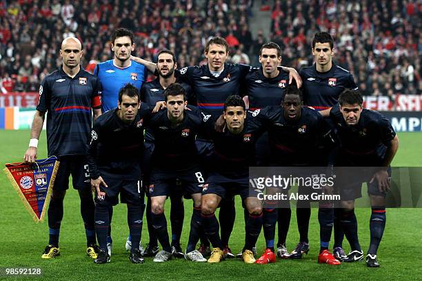 Players of Olympic Lyon line up ahead of the UEFA Champions League semi final first leg match between FC Bayern Muenchen and Olympic Lyon at Allianz...