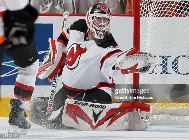 Martin Brodeur of the New Jersey Devils makes a save against the Philadelphia Flyers in Game Four of the Eastern Conference Quarterfinals during the...