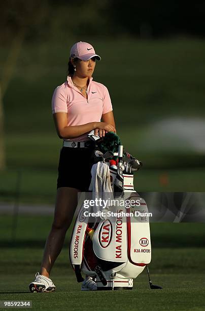 Michelle Wie stands by her bag on the 18th hole during the third round of the Kia Classic Presented by J Golf at La Costa Resort and Spa on March 27,...