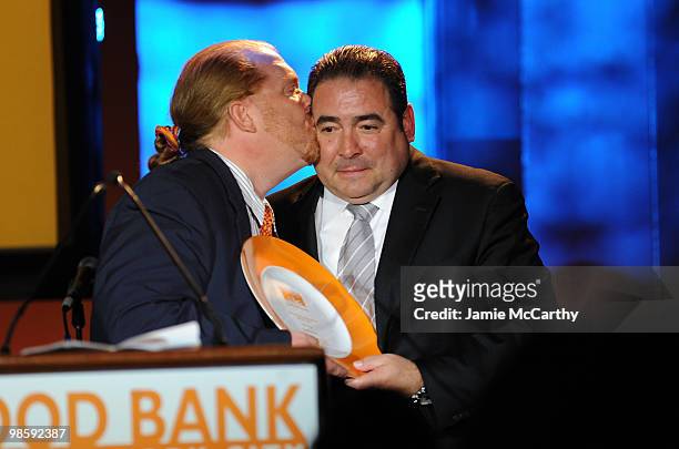 Chef Mario Batali and honoree Emeril Lagasse onstage the Food Bank for New York City's 8th Annual Can-Do Awards dinner at Abigail Kirsch�s Pier Sixty...