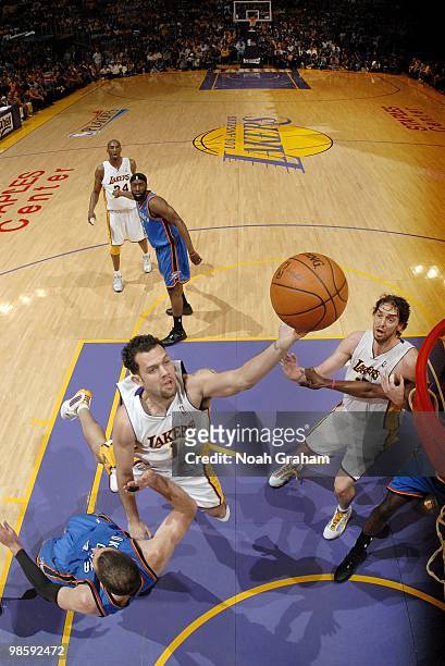 Jordan Farmar of the Los Angeles Lakers shoots a layup against Nick Collison of the Oklahoma City Thunder in Game One of the Western Conference...