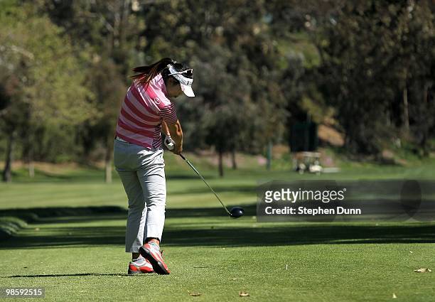 Shanshan Feng of China hits her tee shot on the third hole during the final round of the Kia Classic Presented by J Golf at La Costa Resort and Spa...