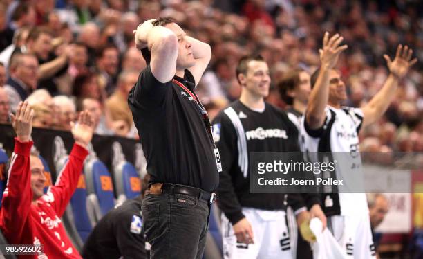 Head coach Alfred Gislason of Kiel reacts during the Toyota Handball Bundesliga match between THW Kiel and Fuechse Berlin at the Sparkassen Arena on...