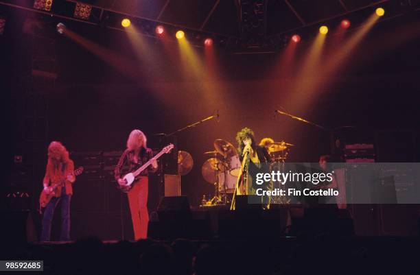 Brad Whitford, Tom Hamilton, Steven Tyler and Joe Perry of Aerosmith perform on stage at The Summit in Houston, Texas on June 24, 1976.