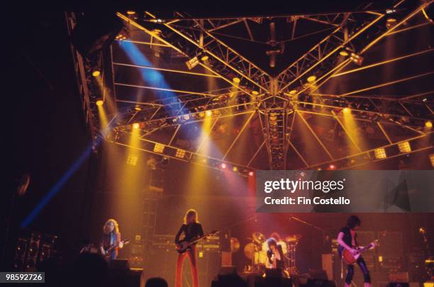 Brad Whitford, Tom Hamilton, Steven Tyler and Joe Perry of Aerosmith perform on stage at The Summit in Houston, Texas on June 24, 1976.