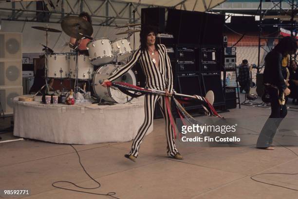 Joey Kramer, Steven Tyler and Joe Perry of Aerosmith perform on stage at the RFK Stadium in Washington DC on May 30, 1976.