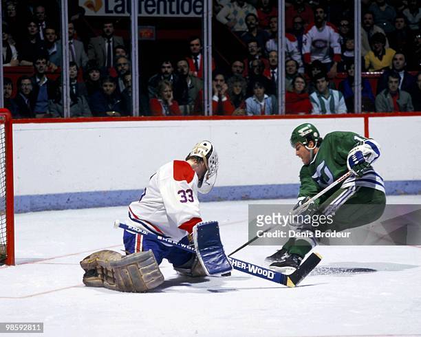 Kevin Dineen of the Hartford Whalers skates against Patrick Roy of the Montreal Canadiens in the 1980's at the Montreal Forum in Montreal, Quebec,...