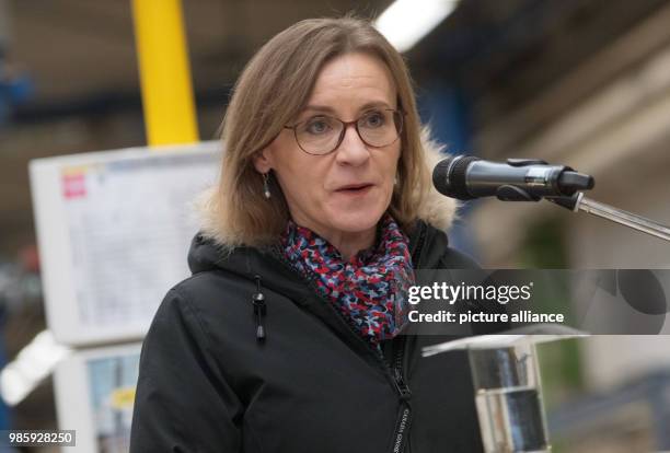 Sigrid Nikutta, CEO of the BVG, delivers a statement during the press event of the Berliner Verkehrsbetriebe in a hall of the depot Lichtenberg...