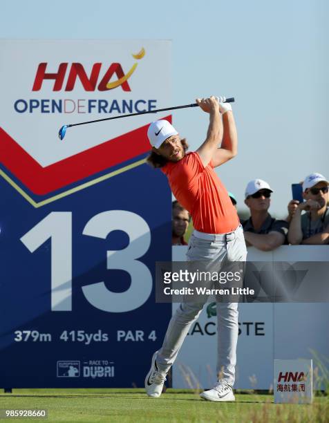Tommy Fleetwood of England on the 13th tee during the first round of the HNA Open de France at Le Golf National on June 28, 2018 in Paris, France. .