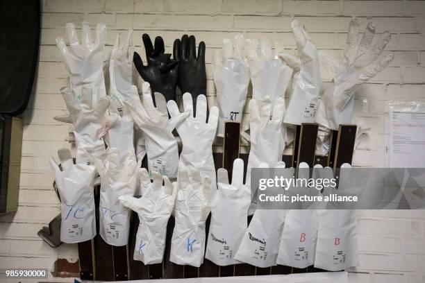 Protective gloves of printers hang to dry during a press tour of 'Feuer und Zorn. Im Weissen Haus von Donald Trump', the German first issue of 'Fire...