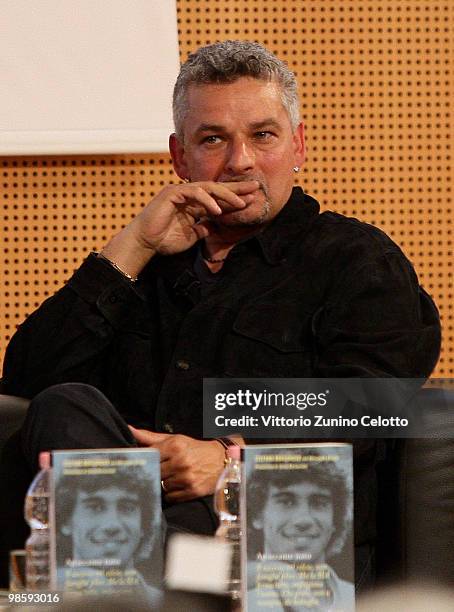 Roberto Baggio attends 'Attaccante Nato' Book Launch held at Sala Buzzati on April 21, 2010 in Milan, Italy.