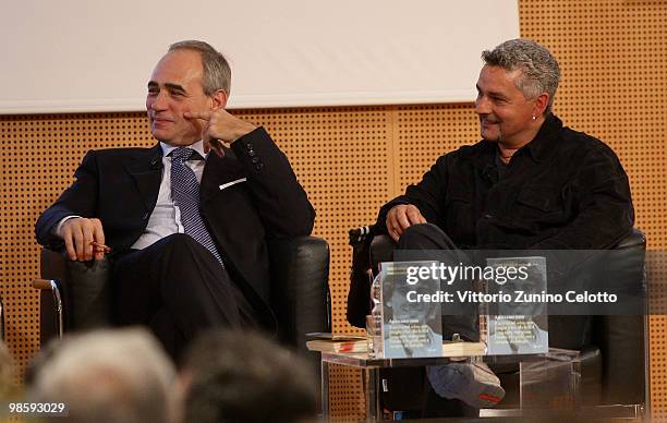 Andrea Monti and Roberto Baggio attend 'Attaccante Nato' Book Launch held at Sala Buzzati on April 21, 2010 in Milan, Italy.