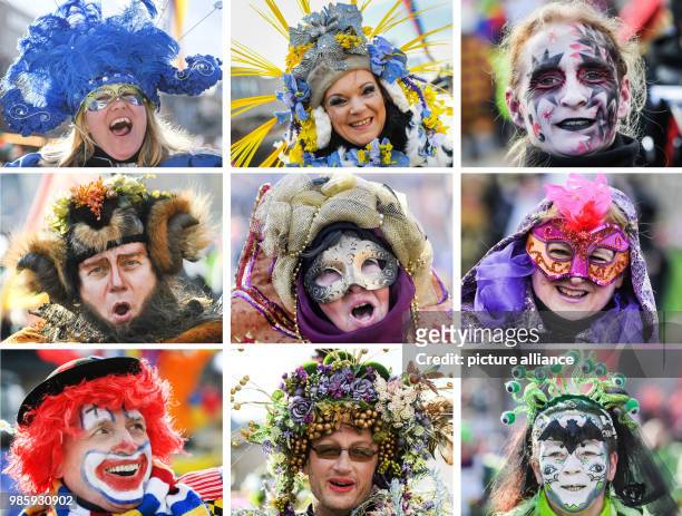 The combo shows differently dressed jesters taking part in the Rosenmontag carnival procession in Mainz, Germany, 12 Febraury 2018. The...