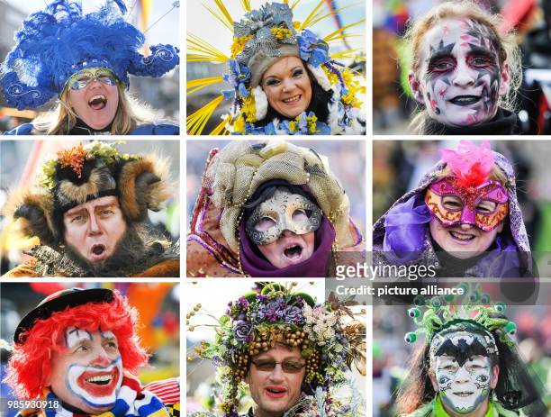 Dpatop - The combo shows differently dressed jesters taking part in the Rosenmontag carnival procession in Mainz, Germany, 12 Febraury 2018. The...