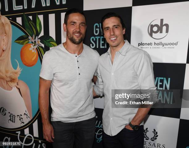 Deryk Engelland and Marc-Andre Fleury of the Vegas Golden Knights attend the grand opening of the "Gwen Stefani - Just a Girl" residency at Planet...