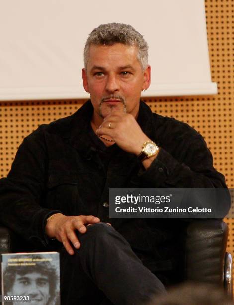 Roberto Baggio attends 'Attaccante Nato' Book Launch held at Sala Buzzati on April 21, 2010 in Milan, Italy.