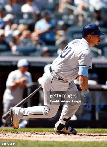 Wilson Ramos of the Tampa Bay Rays at bat against the New York Yankees during the third inning at Yankee Stadium on June 17, 2018 in the Bronx...