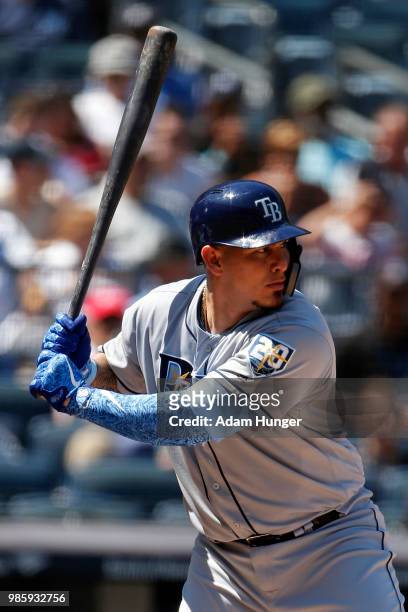 Wilson Ramos of the Tampa Bay Rays at bat against the New York Yankees during the third inning at Yankee Stadium on June 17, 2018 in the Bronx...