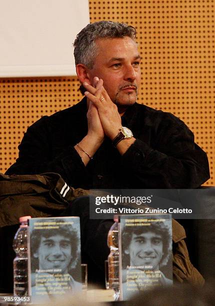 Roberto Baggio attends 'Attaccante Nato' Book Launch held at Sala Buzzati on April 21, 2010 in Milan, Italy.