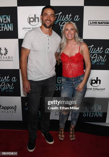 Deryk Engelland of the Vegas Golden Knights and his wife Melissa Engelland attend the grand opening of the "Gwen Stefani - Just a Girl" residency at...