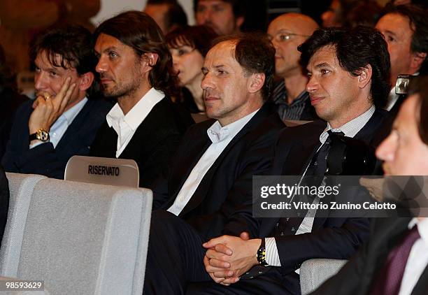 Stefano Eranio, Paolo Maldini, Franco Baresi, Demetrio Albertini attend 'Attaccante Nato' Book Launch held at Sala Buzzati on April 21, 2010 in...