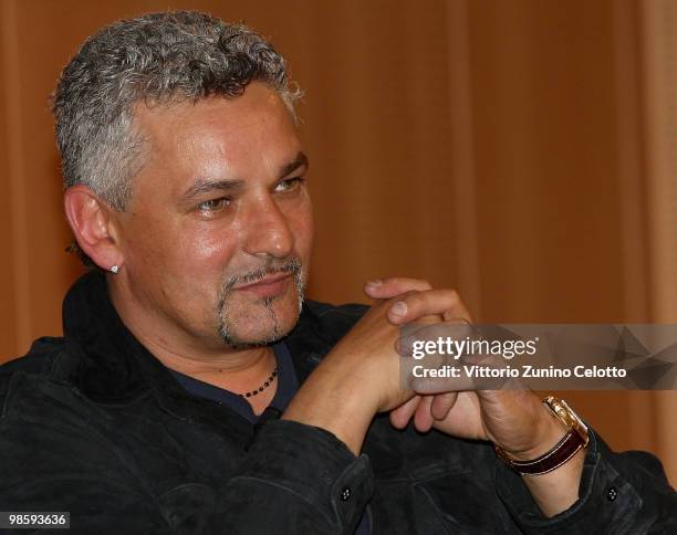 Roberto Baggio attends 'Attaccante Nato' Book Launch held at Sala Buzzati on April 21, 2010 in Milan, Italy.